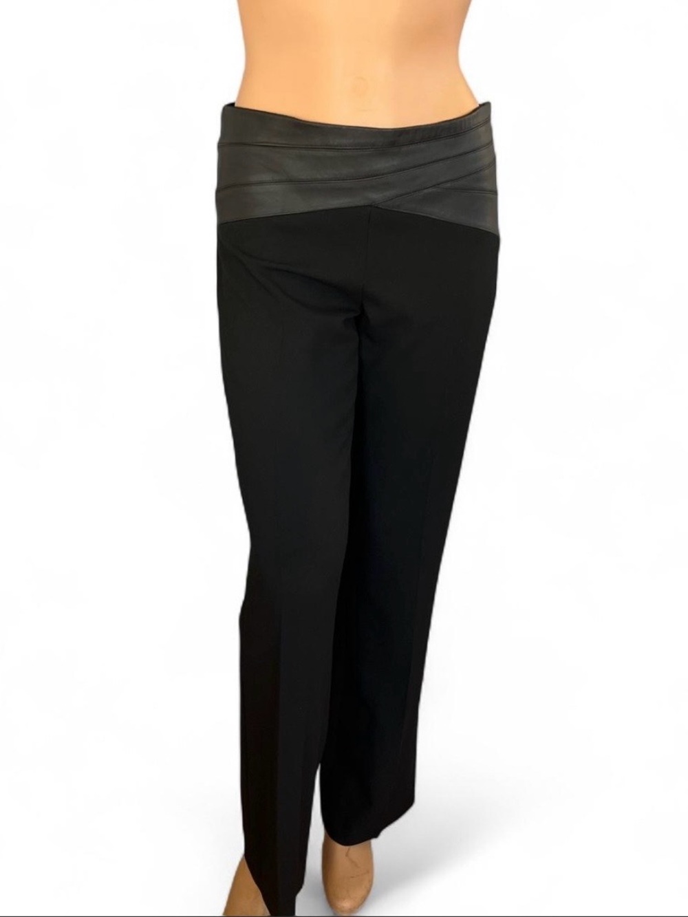 BCBGMaxAzria Black straight leg Trousers with Faux Leather Crossover Waist
